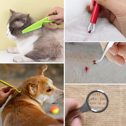 Tick Removal Tool for Dogs, Stainless Steel Tick Tweezers Remover Tool Kit, 3 Pack Quick & Safe Tick Hook Flea Tick Tweezers Clip Remover Flea Comb Magnifying Glass for Dogs Cats Human