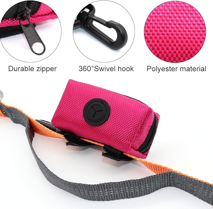 SLSON Pet Waste Bag Dispenser Zippered Pouch,Portable Dog Poop Bag Holder Leash Attachment Lightweight Fabric Bags (Pink)