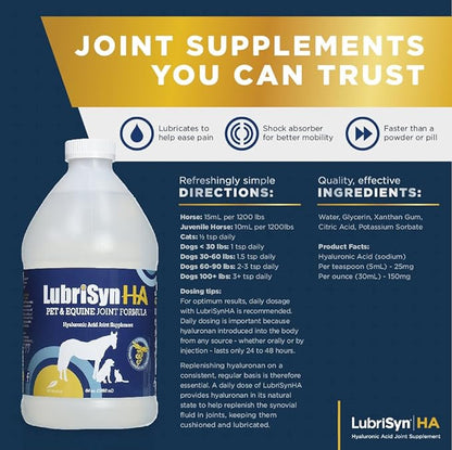 LubriSynHA Hyaluronic Acid Pet & Equine Joint Formula 64oz - All-Natural, High-Molecular Weight Liquid Hyaluronan - Joint Support for Horses, Dogs, Cats - Promotes Healthy Joint Function, Made in USA