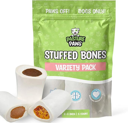 Stuffed Shin Bones for Dogs | Variety Pack Filled Dog Bones with Peanut Butter, Bacon & Cheese, Bully Sticks, Beef and Chicken Flavors | 2” to 3" All Natural Dog Bones | Pack of 5