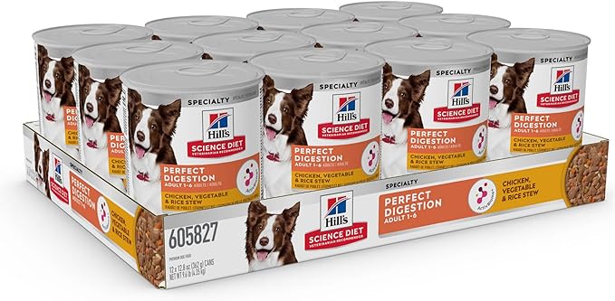 Hill's Science Diet Perfect Digestion, Adult 1-6, Digestive Support, Wet Dog Food, Chicken, Vegetable & Rice Stew, 12.5 oz Can, Case of 12