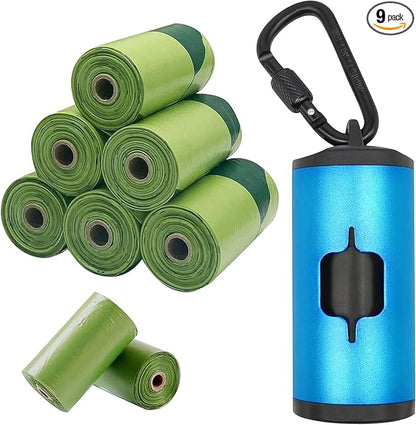 Metal Dog Poop Bags Holder Aluminum Poo Bags Dispenser with Pet Waste Bags 3 Leash Clasp and Elastic Rope for Used Bags(1 Holder 135 Bags,Blue)