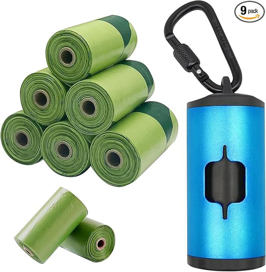 Metal Dog Poop Bags Holder Aluminum Poo Bags Dispenser with Pet Waste Bags 3 Leash Clasp and Elastic Rope for Used Bags(1 Holder 135 Bags,Blue)