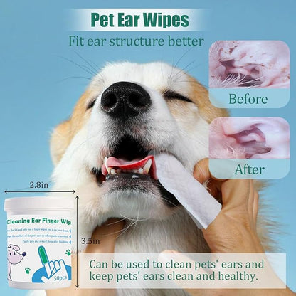 Pet Ear Wipes Kit Cat and Dog Ear Cleaner Wipes Multipurpose Grooming 50Pcs Finger Wipes+150Pcs Cleansing Pads+56Pcs Gourd Shaped Cotton Swabs Odor Control Reduce Dirt and Itch Relief