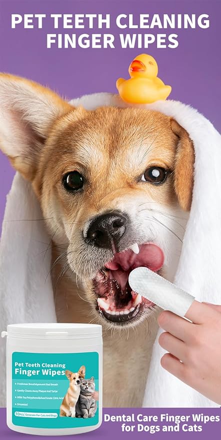 Pet Teeth Cleaning Finger Wipes, Remove Bad Breath by Removing Plaque and Tartar Buildup, No-Rinse Dogs & Cats Finger Toothbrush, Disposable Gentle Cleaning Care Pet Wipes, 50 Counts