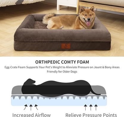 Large Dog Bed, Brown Orthopedic Dog Bed, Waterproof Dog Bed with Removable Cover, 4-Sides Removable Bolster Dog Soft Sofa Bed with Nonskid Bottom, Washable Dog Beds for Large Dogs