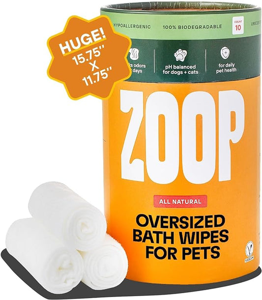 ZOOP XL Pet Wipes for Dogs & Cats – Thick, Huge Bath Wipes for Cleaning, Deodorizing, Conditioning, Wet Dog Wipes for Paws, Butt, Ear, Eye, Face, Whole Body, with Nanosilver-10 Count