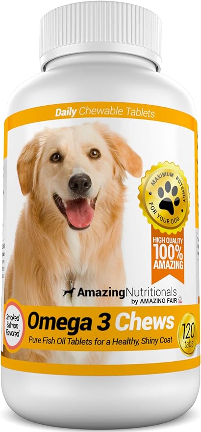 Amazing Omega 3 Fish Oil for Dogs - Omega 3 for Dogs Shedding and Itchy Skin Relief for Dog Dry Skin and Hot Spots, EPA and DHA Fatty Acids, Dog Skin and Coat Supplement - 120 Salmon Flavor Chews