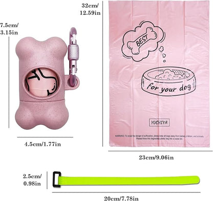 Dog Poop Pickup Bags Holder Dispenser with 1 Roll Random Color Leak-proof Scented Doggy Waste Bags and Carabiner with Safety Lock Plus Hook and Loop Fastener Never Loose on Leash Lead Again (Pink)