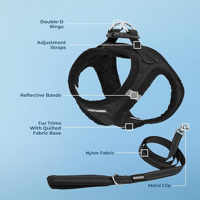 Voyager Step-in Plush Dog Harness – Soft Plush, Step in Vest Harness and Reflective Dog 5 ft Leash Combo with Neoprene Handle for Small and Medium Dogs by Best Pet Supplies -Set (Black Plush), M