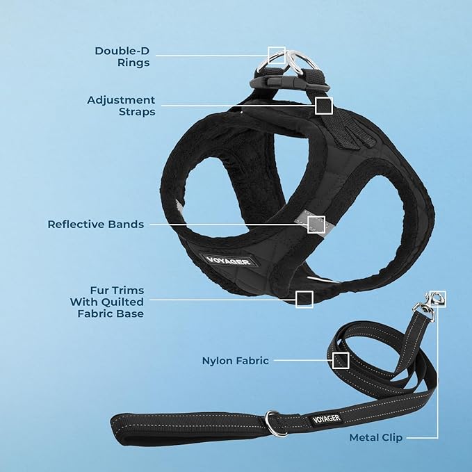 Voyager Step-in Plush Dog Harness – Soft Plush, Step in Vest Harness and Reflective Dog 5 ft Leash Combo with Neoprene Handle for Small and Medium Dogs by Best Pet Supplies -Set (Black Plush), S
