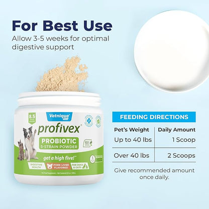 Vetnique Labs Profivex Probiotics for Dogs All Natural Dog Chews & Powder for Digestive Health Probiotic Supplements for Dogs 5 Strains of Probiotics & Prebiotics (Powder, 8.5oz)