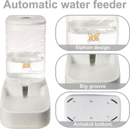 Automatic Pet Water Feeder, 3.8L Gravity Cat Water Dispenser with Cat Water Bowl, Large Capacity Water Feeder for Kitten & Small and Medium-Sized Dogs (White & Grey)