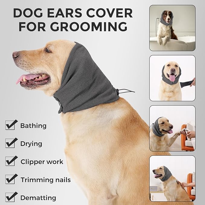 HEYWEAN Quiet Ears for Dogs Calming Headband with No Flap Ear Wraps for Anxiety Relief & Noise Protection Dog Ear Muffs with Velcro for Grooming Bathing Grey Large