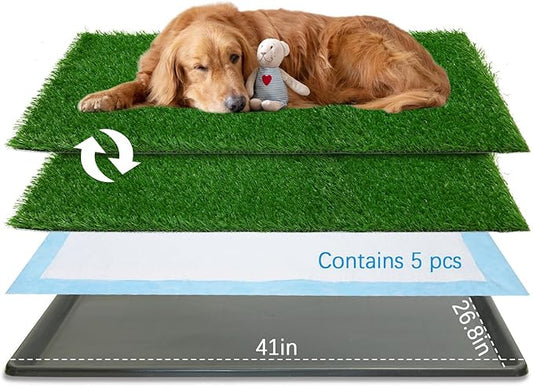 Dog Grass pad with Tray,41”x 26.8” Indoor Dog Potty with 2 Packs Replacement Artificial Fake Grass-5 Packs Disposable Puppy Pads,for Puppy Training Apartment,Outdoor Use
