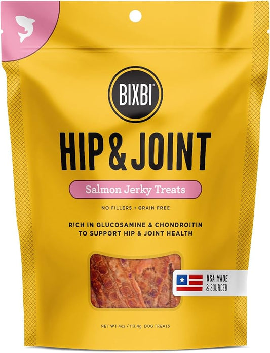 BIXBI Hip & Joint Support Salmon Jerky Dog Treats, 4 oz - USA Made Grain Free Dog Treats - Glucosamine, Chondroitin for Dogs - High in Protein, Antioxidant Rich, Whole Food Nutrition, No Fillers