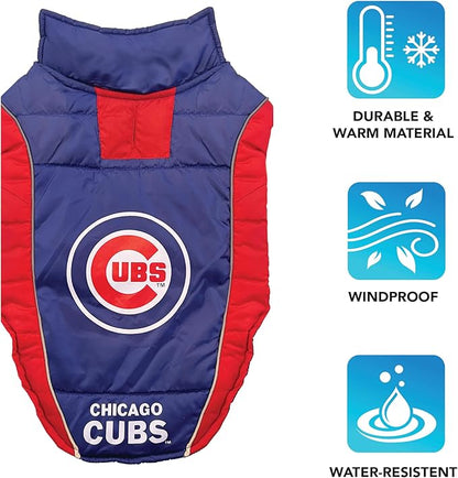 MLB Chicago Cubs Puffer Vest for Dogs & Cats, Size Small. Warm, Cozy, and Waterproof Dog Coat, for Small and Large Dogs/Cats. Best MLB Licensed PET Warming Sports Jacket