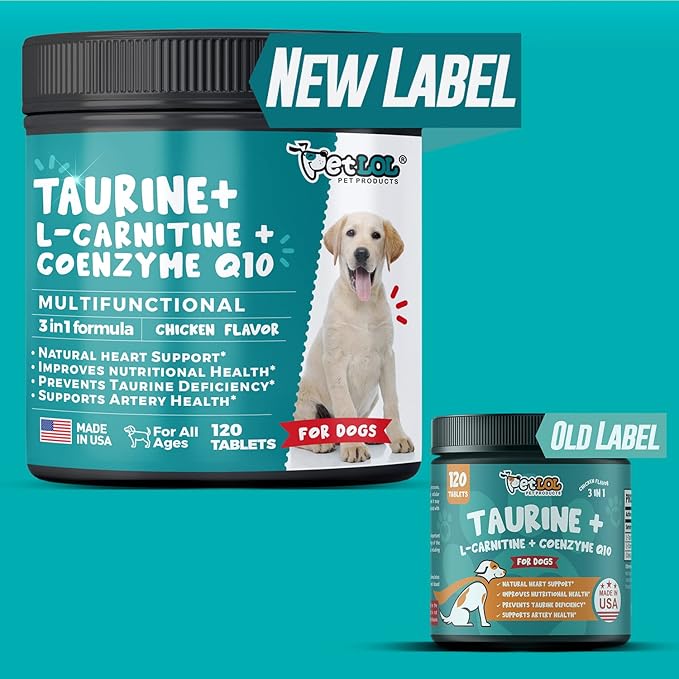 Taurine Supplement for Dogs with L-Carnitine and Coenzyme Q10 (CoQ10): Vet Endorsed for Enlarged Heart (DCM), Congestive Heart Failure, Taurine Deficiency: 3-in-1 Multivitamin Dog Supplements- 120ct