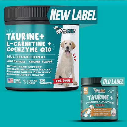 Taurine Supplement for Dogs with L-Carnitine and Coenzyme Q10 (CoQ10): Vet Endorsed for Enlarged Heart (DCM), Congestive Heart Failure, Taurine Deficiency: 3-in-1 Multivitamin Dog Supplements- 120ct