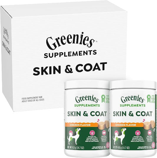 Greenies Skin & Coat Supplement for Dogs, Soft Chews with Fish Oil for Dogs, Omega-3s, Linoleic Acid, and Zinc, Chicken Flavor, 80-Count Tub, 2 Pack