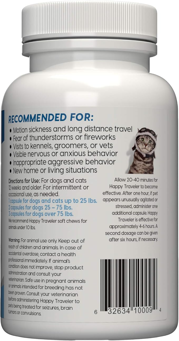 ARK NATURALS Happy Traveler Capsules, Natural Calming Treats for Dogs and Cats, Reduces Anxious and Nervous Behavior, 30 Count, Packaging May Vary,Blue,700146