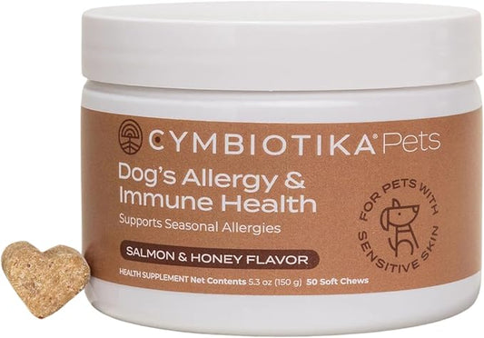 CYMBIOTIKA Dog Allergy and Immunity Supplement, Skin, Coat Health and Immune Support for Pet, Includes Omega Rich Wild Alaskan Salmon Oil, Supplements for Dogs, Salmon & Honey Flavor, 50 Chews