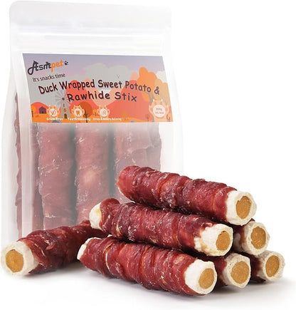 ASMPET Dog Treats Duck Wrapped Rawhide Sweet Potato Stick, Long Lasting Dog Chew Cowhide Treats, Grain Free Teeth Cleaning Dog Treats for Medium Large Dogs, 6 Pieces
