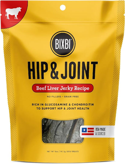 BIXBI Hip & Joint Support Beef Liver Jerky Dog Treats, 5 oz - USA Made Grain Free Dog Treats - Glucosamine, Chondroitin for Dogs - High in Protein, Antioxidant Rich, Whole Food Nutrition, No Fillers