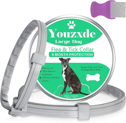 Flea and Tick Collar for Large Dogs with Flea Comb,8-Month Tick and Flea Control for Dogs Above 18 Lbs,Safe & Allergy Free, Waterproof, Adjustable,2 Pack