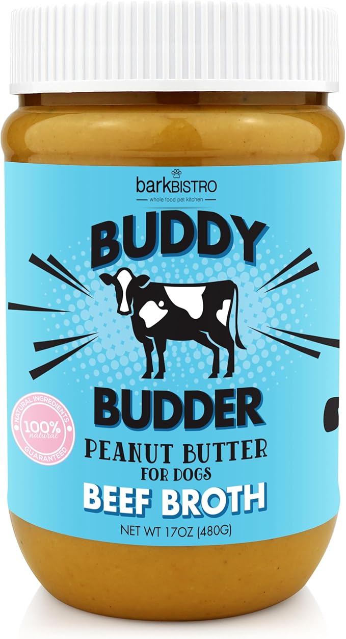 BUDDY BUDDER Bark Bistro Company, Beef Broth, 100% Natural Dog Peanut Butter, Peanut Butter Dog Treats, Stuff in Toy, Dog Pill Pocket, Made in USA (17oz)