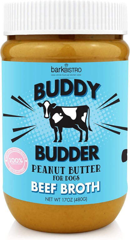 BUDDY BUDDER Bark Bistro Company, Beef Broth, 100% Natural Dog Peanut Butter, Peanut Butter Dog Treats, Stuff in Toy, Dog Pill Pocket, Made in USA (17oz)