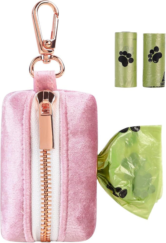 ARING PET Velvet Dog Waste Bag Dispenser, Pink Doggy Poop Bags Holders Attach to Any Leashes, Portable Washable Pet Waste Pouch Dispenser with Metal Zipper