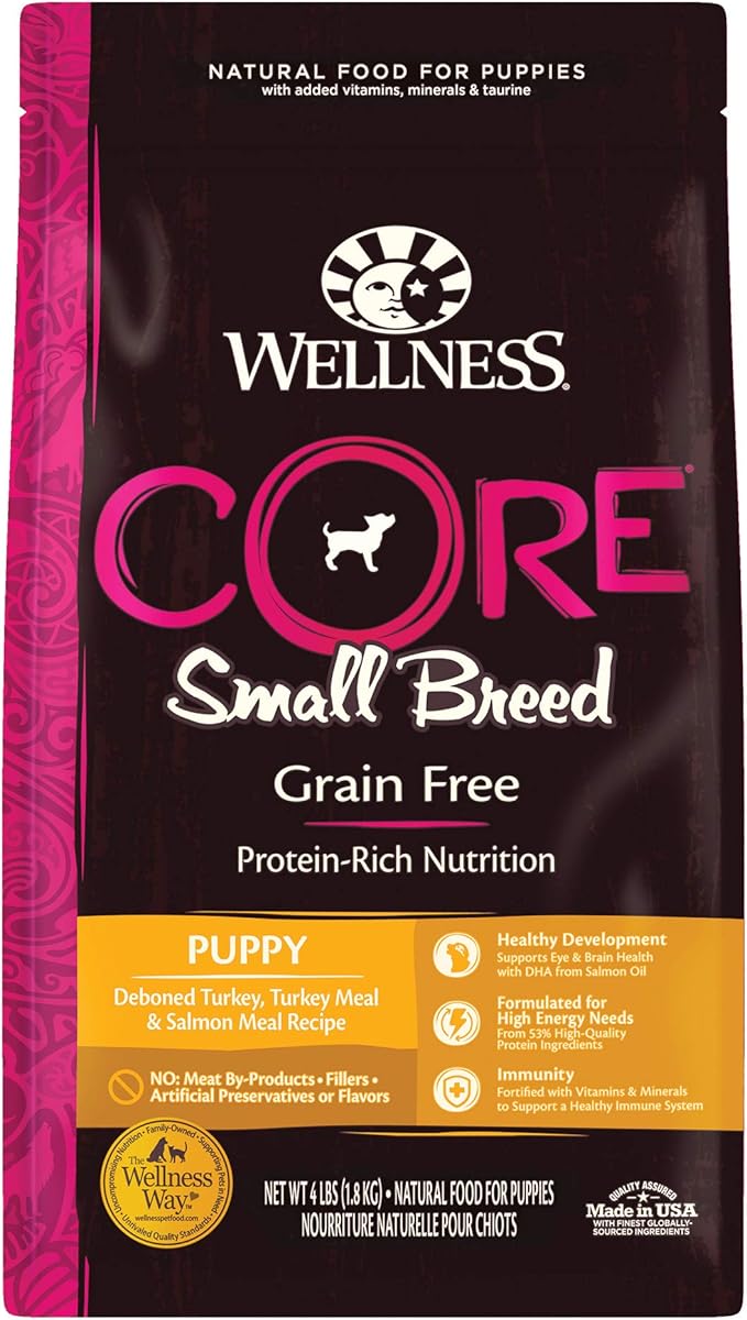 Wellness Natural Pet Food CORE Grain-Free High-Protein Small Breed Dry Dog Food, Natural Ingredients, Made in USA with Real Meat (Puppy, Turkey, 4-Pound Bag)