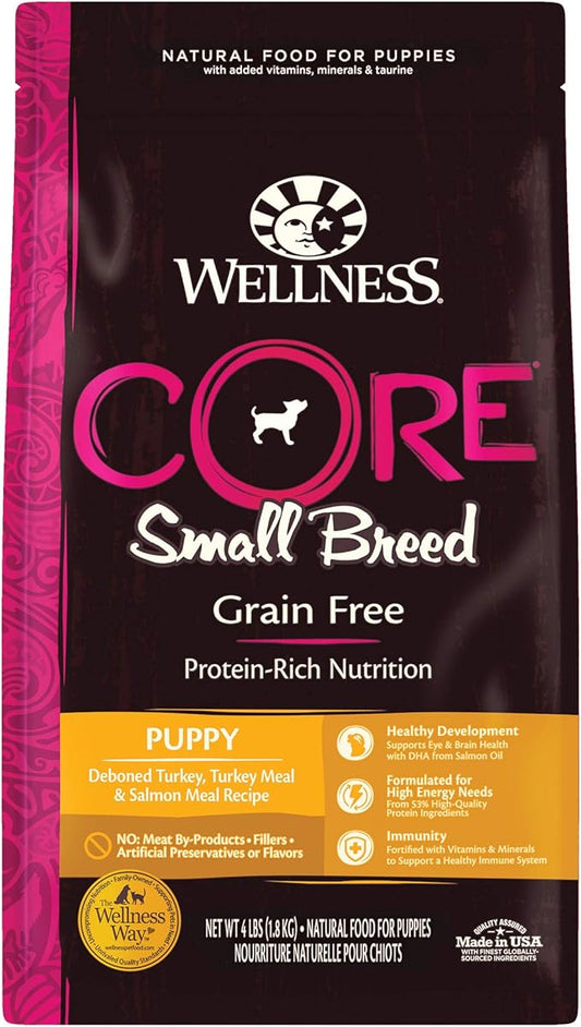 Wellness Natural Pet Food CORE Grain-Free High-Protein Small Breed Dry Dog Food, Natural Ingredients, Made in USA with Real Meat (Puppy, Turkey, 4-Pound Bag)