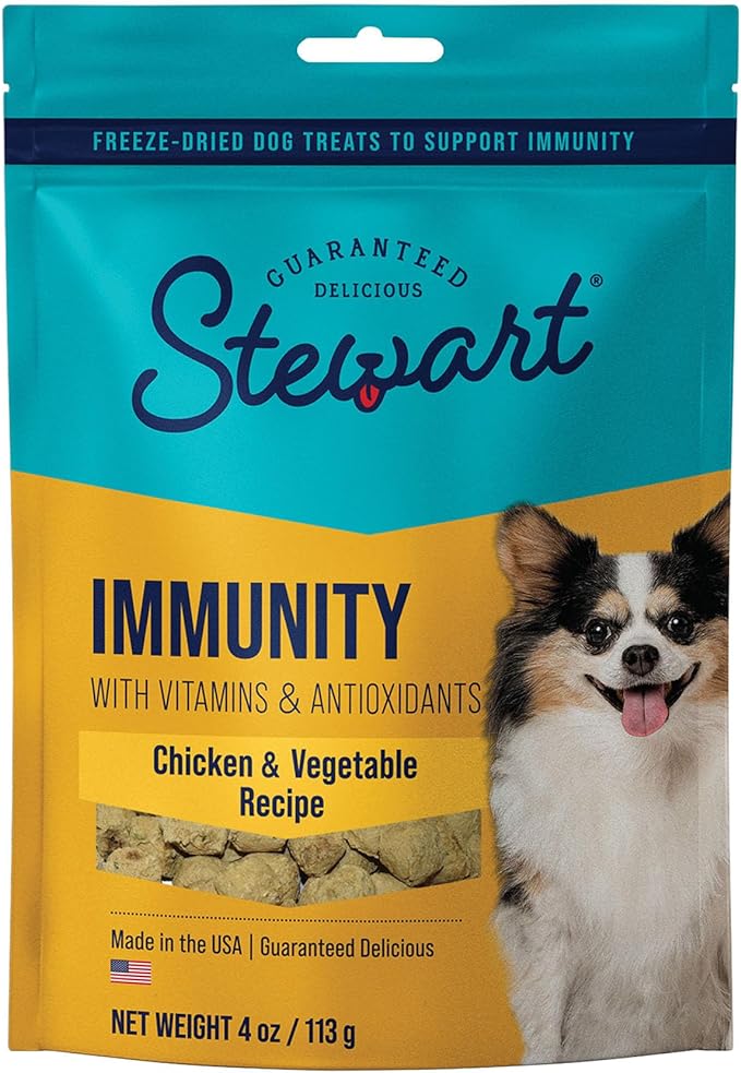 Stewart Freeze Dried Dog Treats, Chicken & Vegetable, Immunity Treats, Vitamin E, Grain Free, 4 Ounce Resealable Pouch, Made in USA