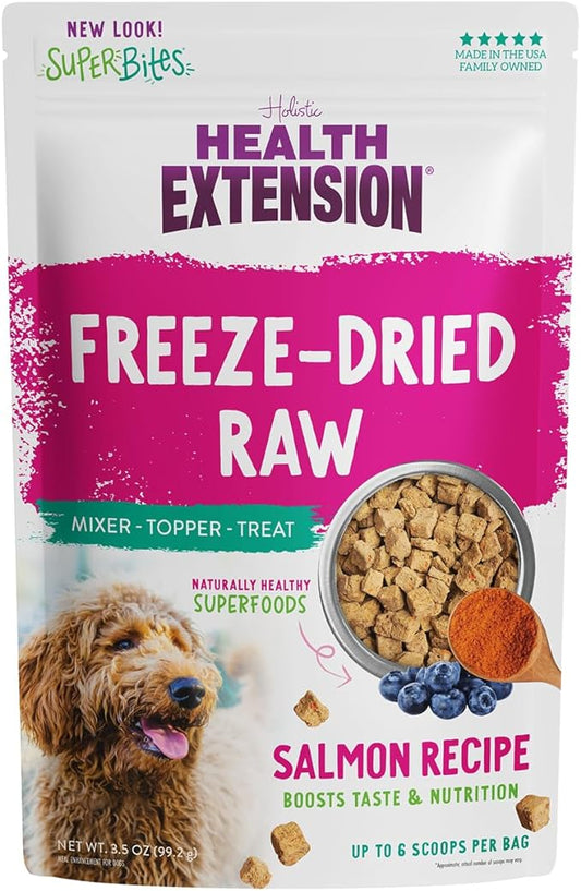 Health Extension Super Bites, Freeze-dried Raw, Gluten & Grain-free, with Extra Protein & Super Tasty Healthy Meal Mixer for Dogs, Salmon Recipe (3.5 Oz / 99 g)