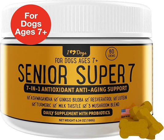 iHeartDogs Senior Super 7 Daily Dog Multivitamin - 7-in-1 Vitamin for Dogs Supports Anti-Aging with Antioxidants, Probiotics, Lion's Mane, Turkey Tail, & Ashwagandha for Longevity & Cognitive Boost