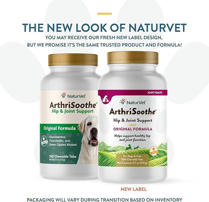 NaturVet ArthriSoothe Hip & Joint Formula Pet Supplement for Dogs & Cats – Includes Glucosamine, MSM, Chondroitin, Boswellia, Green Lipped Mussel – Supports HIPS, Joints – 500 Ct.
