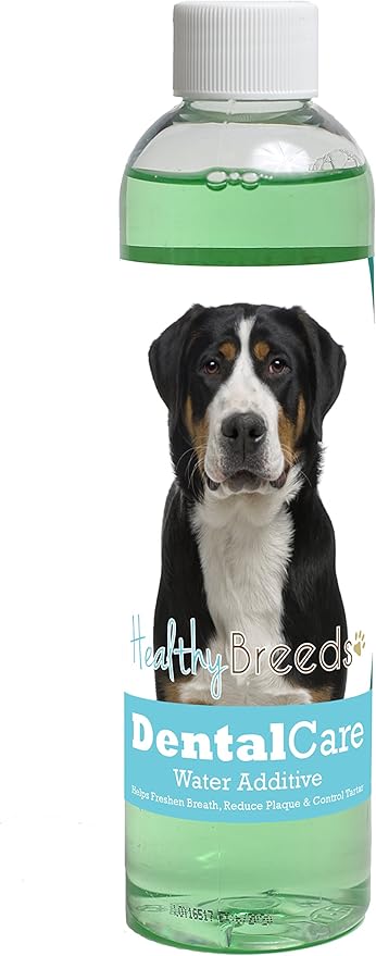 Healthy Breeds Dog Dental Care Water Additive for Greater Swiss Mountain Dog - Helps Freshen Breath, Reduce Plaque & Control Tartar - Mint Flavor - 8 oz