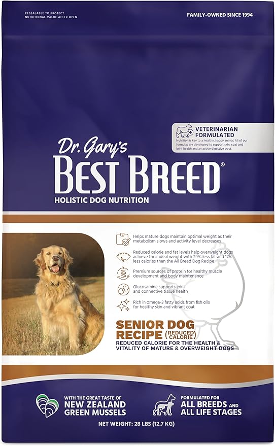 Best Breed Dr. Gary's Senior Dog Diet (Reduced Calorie) Made in USA [Natural Dry Dog Food] - 28lbs., Dark Brown, Medium