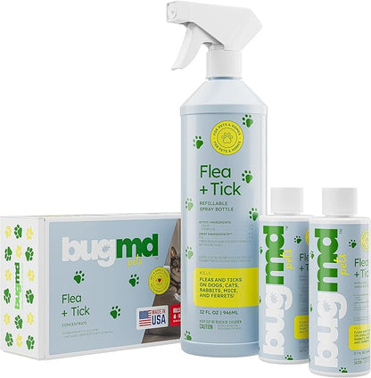 BugMD Flea and Tick Concentrate (3.7 oz, 2 Pack)- Essential Oil-Powered Formula, Controls Fleas, Ticks, Mites in Dogs, Cats, and Other Furred Animals, Spray on Pet Beds, Kennels