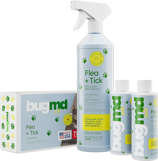 BugMD Flea and Tick Concentrate (3.7 oz, 2 Pack)- Essential Oil-Powered Formula, Controls Fleas, Ticks, Mites in Dogs, Cats, and Other Furred Animals, Spray on Pet Beds, Kennels