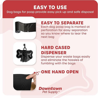 Downtown Pet Supply 500 Count Dog Poop Bags Refills with Leash Clip and Bone Bag Dispenser, Black - Dog Waste Bags Unscented and Leak-Proof with Dog Poop Bag Dispenser - 12.5 x 8.5"
