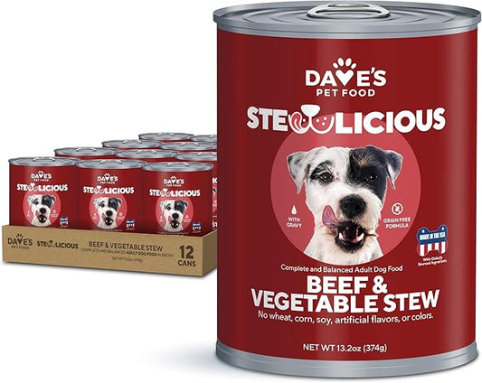 Dave's Pet Food Grain Free Wet Dog Food (Beef & Vegetable in Gravy), Made in USA Naturally Healthy Canned Dog Food, Added Vitamins & Minerals, Wheat & Gluten-Free, 13.2 oz Cans (Case of 12)