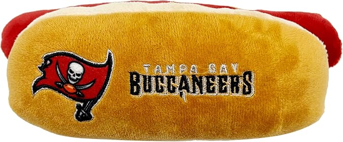 Pets First NFL Tampa Bay Buccaneers HOT Dog Plush Dog & CAT Squeak Toy - Cutest HOT-Dog Snack Plush Toy for Dogs & Cats with Inner Squeaker & Beautiful Football Team Name/Logo 8 x 5 x 3 Inches