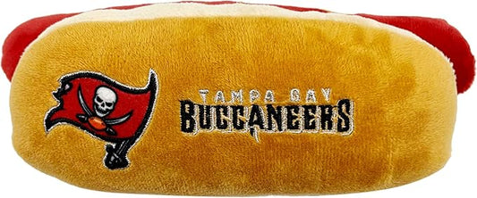 Pets First NFL Tampa Bay Buccaneers HOT Dog Plush Dog & CAT Squeak Toy - Cutest HOT-Dog Snack Plush Toy for Dogs & Cats with Inner Squeaker & Beautiful Football Team Name/Logo 8 x 5 x 3 Inches