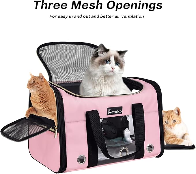 Petmolico Cat Carrier Dog Carrier, Airline Approved Soft Pet Travel Carrier with 3 Open Doors Mesh Windows for Cats Puppy 16 lbs, Pink