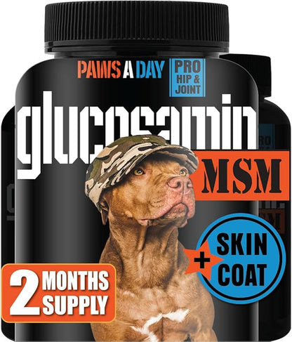 Glucosamine for Dogs Hip & Joint Supplement – “Two-in-One Combo” Dog Joint Care and Improved Skin & Coat with Chondroitin, MSM, Omega 3, Collagen & Biotin, 60 Chewable Tablets