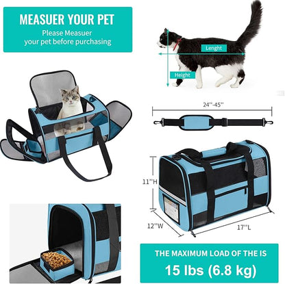 Cat Carrier Soft Sided Carrier for Small Medium Cats Puppies Dogs Up to 15 Lbs, TSA Airline Approved Pet Carrier Collapsible Travel Puppy Carrier Bag, Blue