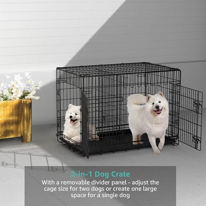 42 Inch Dog Crate with Divider - XL Dog Kennel Extra Large Cage with Wheels and Topper Double Door Big Collapsible Dog Crates for XLarge Dogs Indoor Metal Wire X Large Pet Cages